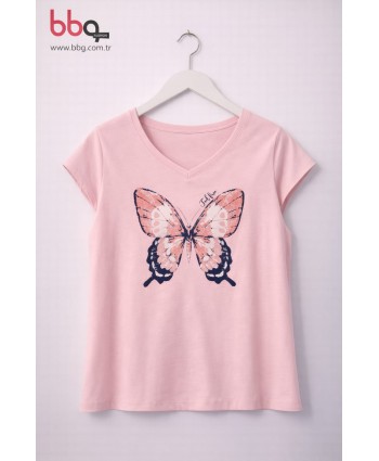 BAYAN BÜYÜK BEDEN GENİŞ KALIP KELEBEKLİ T-SHIRT