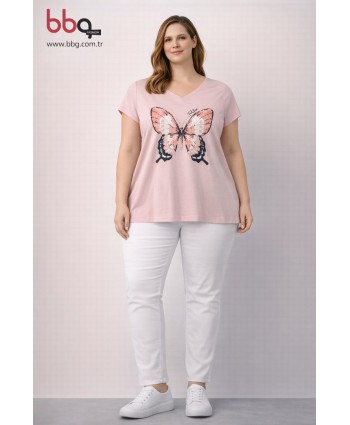 BAYAN BÜYÜK BEDEN GENİŞ KALIP KELEBEKLİ T-SHIRT