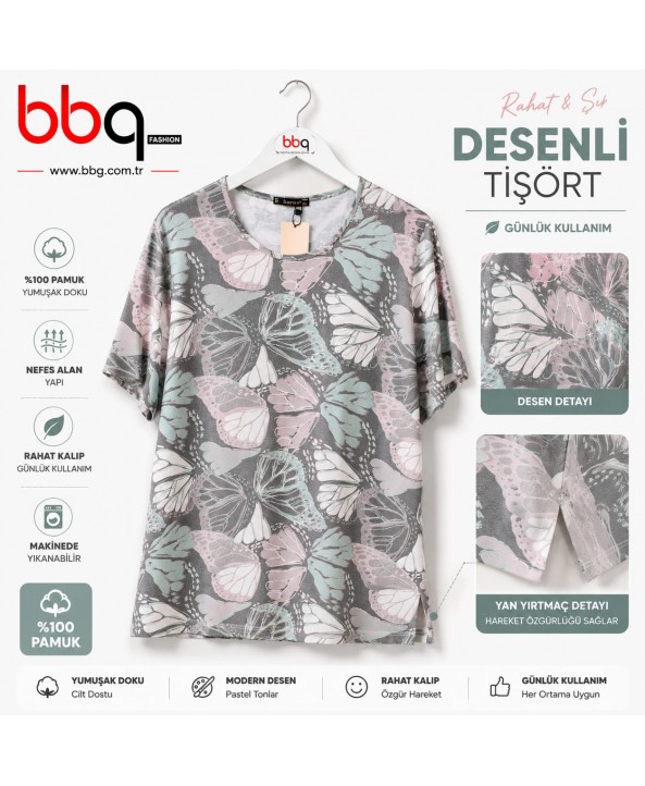 BAYAN BÜYÜK BEDEN GENİŞ KALIP YANI YIRTMAÇLI DESENLİ T-SHIRT