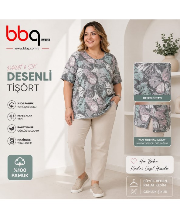 BAYAN BÜYÜK BEDEN GENİŞ KALIP YANI YIRTMAÇLI DESENLİ T-SHIRT
