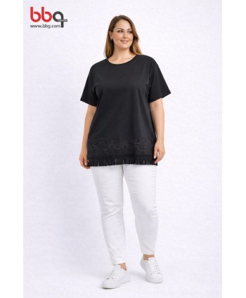 BAYAN BÜYÜK BEDEN GENİŞ KALIP ETEK UCU DANTEL DETAYLI T-SHIRT