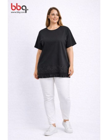 BAYAN BÜYÜK BEDEN GENİŞ KALIP ETEK UCU DANTEL DETAYLI T-SHIRT