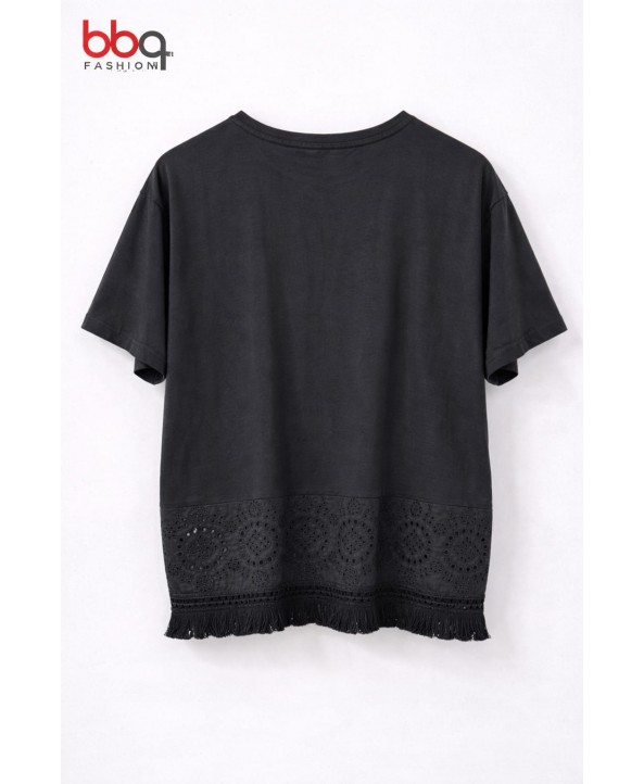 BAYAN BÜYÜK BEDEN GENİŞ KALIP ETEK UCU DANTEL DETAYLI T-SHIRT