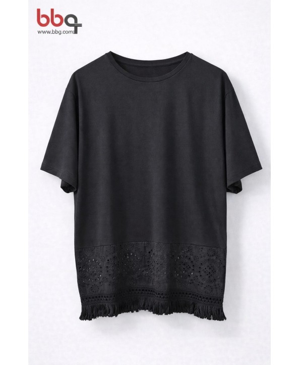 BAYAN BÜYÜK BEDEN GENİŞ KALIP ETEK UCU DANTEL DETAYLI T-SHIRT