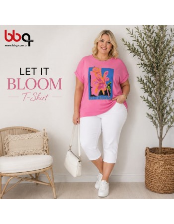 BAYAN BÜYÜK BEDEN GENİŞ KALIP LİKRALI  BASKILI T-SHIRT-