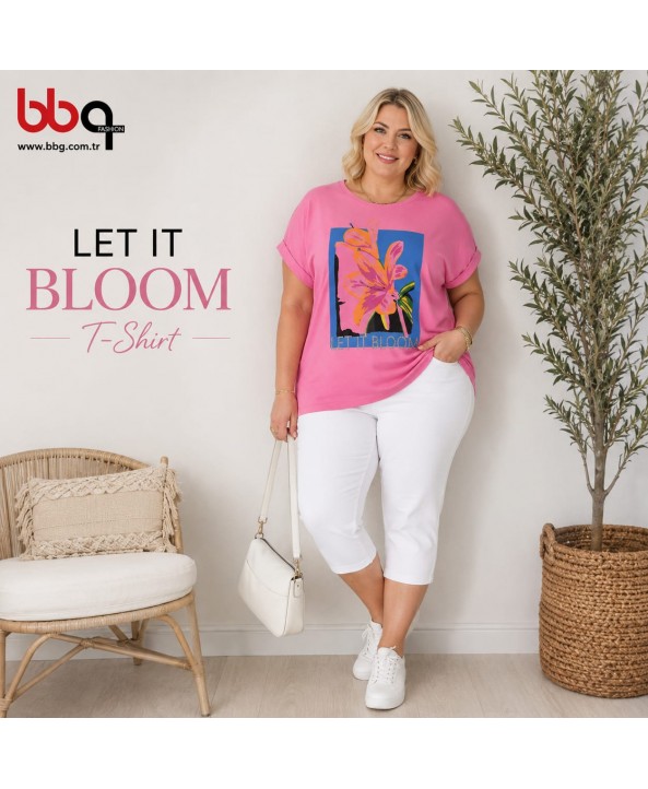 BAYAN BÜYÜK BEDEN GENİŞ KALIP LİKRALI  BASKILI T-SHIRT-