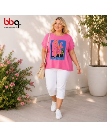 BAYAN BÜYÜK BEDEN GENİŞ KALIP LİKRALI  BASKILI T-SHIRT-