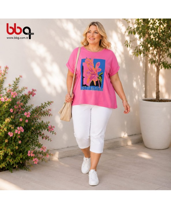 BAYAN BÜYÜK BEDEN GENİŞ KALIP LİKRALI  BASKILI T-SHIRT-