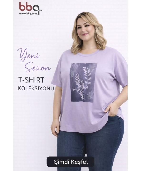 BAYAN BÜYÜK BEDEN GENİŞ KALIP BASKILI T-SHIRT
