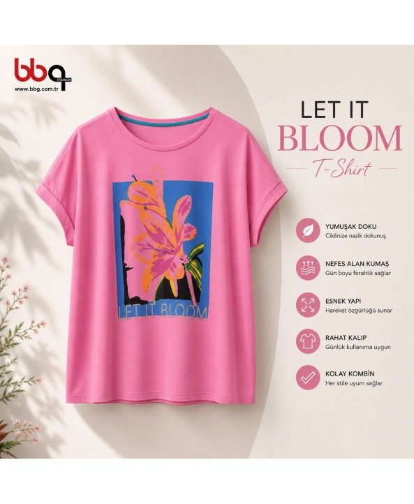 BAYAN BÜYÜK BEDEN GENİŞ KALIP LİKRALI  BASKILI T-SHIRT-