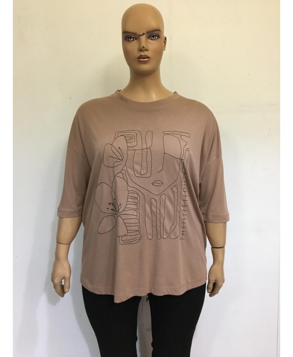 BAYAN BÜYÜK BEDEN GENİŞ KALIP BASKILI T-SHIRT