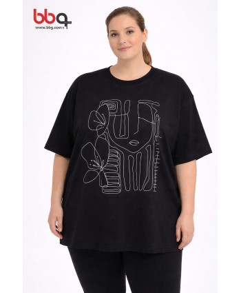 BAYAN BÜYÜK BEDEN GENİŞ KALIP BASKILI T-SHIRT-S