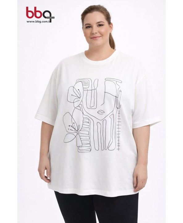 BAYAN BÜYÜK BEDEN GENİŞ KALIP BASKILI T-SHIRT