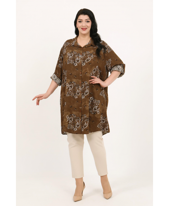 BAYAN BÜYÜK BEDEN GENİŞ KALIP TABA DESENLİ PAMUK VİSCON TUNİK