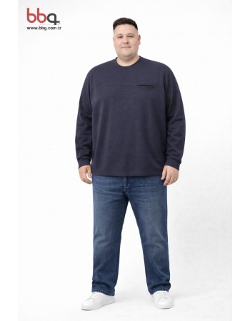 ERKEK BÜYÜK BEDEN GENİŞ KALIP YUVARLAK YAKA %100 PAMUK CEPLİ SWEATSHIRT-L