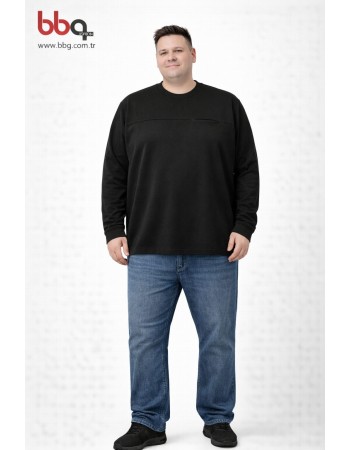 ERKEK BÜYÜK BEDEN GENİŞ KALIP YUVARLAK YAKA %100 PAMUK CEPLİ SWEATSHIRT-S