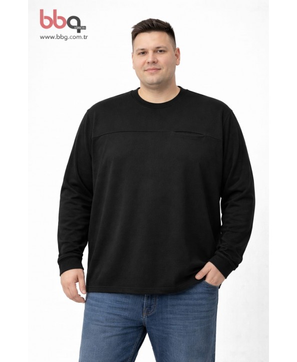 ERKEK BÜYÜK BEDEN GENİŞ KALIP YUVARLAK YAKA %100 PAMUK CEPLİ SWEATSHIRT-S