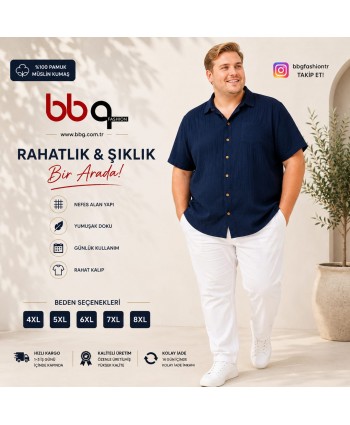  ERKEK BÜYÜK BEDEN GENİŞ KALIP % 100 PAMUK KISA KOLLU MÜSLİN KUMAŞ CEPLİ GÖMLEK-L