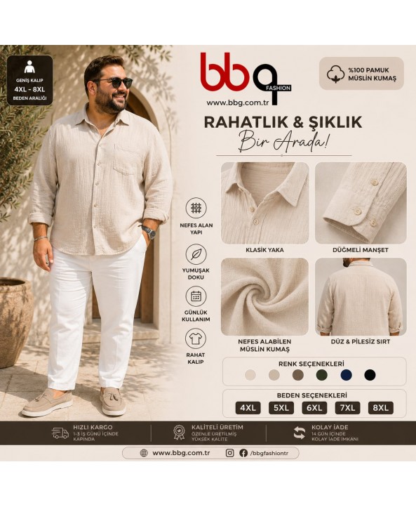  ERKEK BÜYÜK BEDEN GENİŞ KALIP % 100 PAMUK MÜSLİN KUMAŞ CEPLİ GÖMLEK-BJ