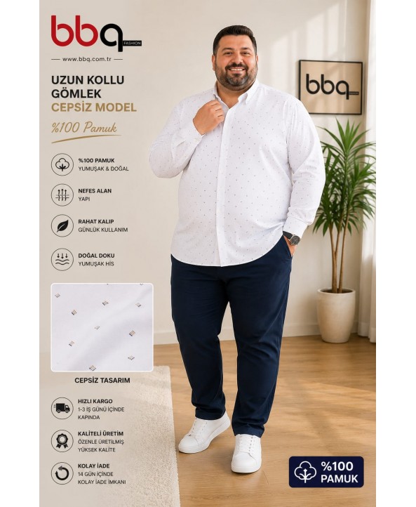 ERKEK BÜYÜK BEDEN UZUN KOLLU CEPSİZ DESENLİ GÖMLEK-B