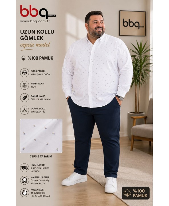 ERKEK BÜYÜK BEDEN UZUN KOLLU CEPSİZ DESENLİ GÖMLEK-B