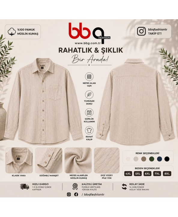  ERKEK BÜYÜK BEDEN GENİŞ KALIP % 100 PAMUK MÜSLİN KUMAŞ CEPLİ GÖMLEK-BJ