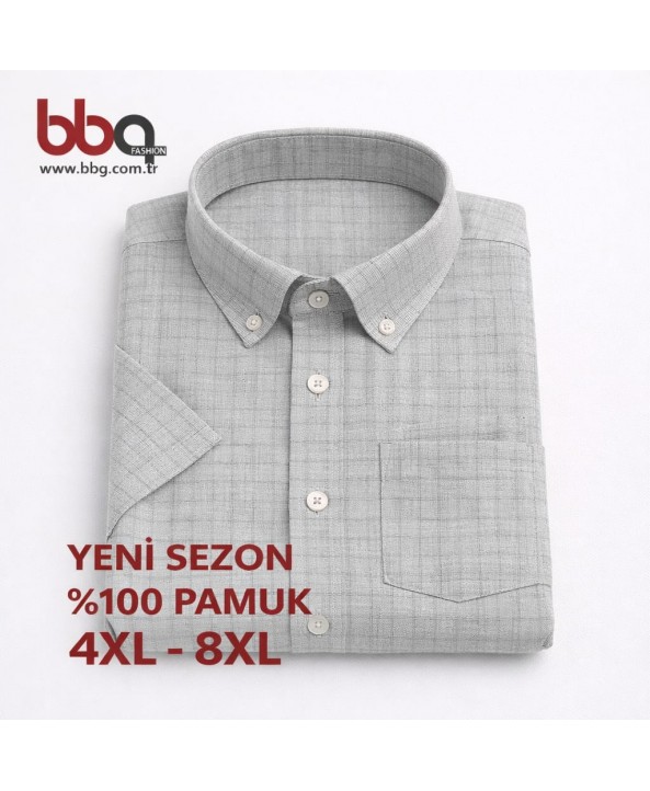  ERKEK BÜYÜK BEDEN GENİŞ KALIP % 100 PAMUK CEPLİ KISA KOLLU GÖMLEK-Y