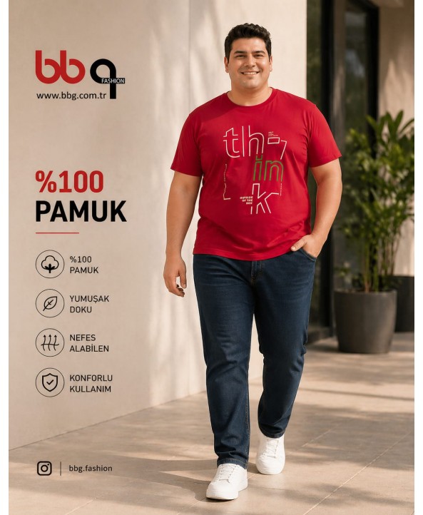 ERKEK BÜYÜK BEDEN GENİŞ KALIP %100 PAMUK BASKILI T-SHIRT-K