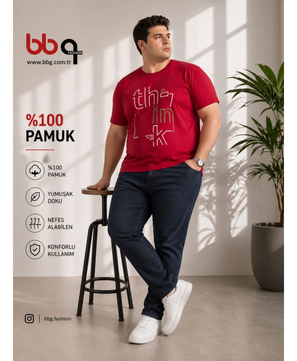 ERKEK BÜYÜK BEDEN GENİŞ KALIP %100 PAMUK BASKILI T-SHIRT-K