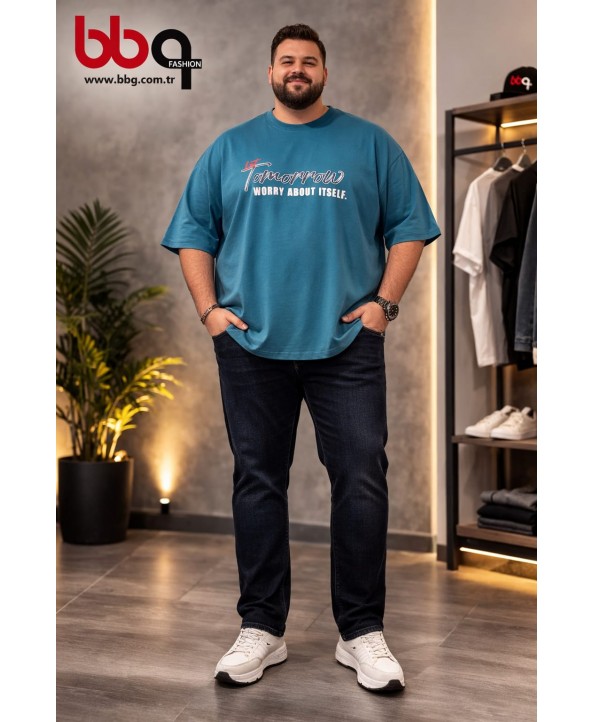 ERKEK BÜYÜK BEDEN GENİŞ KALIP BİSİKLET YAKA T-SHIRT-T