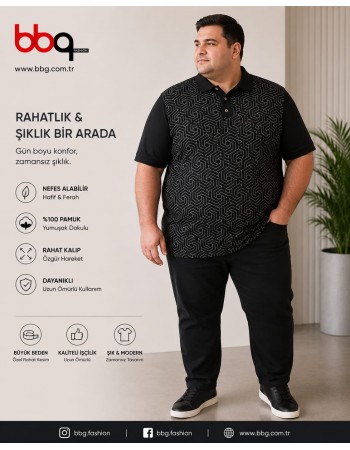 ERKEK BÜYÜK BEDEN GENİŞ KALIP POLO YAKA DESENLİ T-SHIRT-1