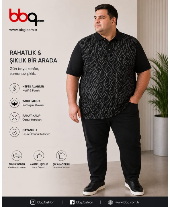 ERKEK BÜYÜK BEDEN GENİŞ KALIP POLO YAKA DESENLİ T-SHIRT-1