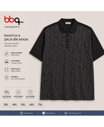 ERKEK BÜYÜK BEDEN GENİŞ KALIP POLO YAKA DESENLİ T-SHIRT-L
