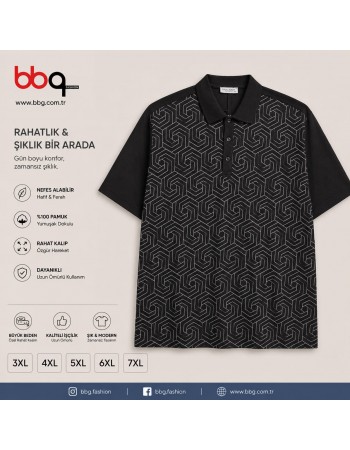 ERKEK BÜYÜK BEDEN GENİŞ KALIP POLO YAKA DESENLİ T-SHIRT-L