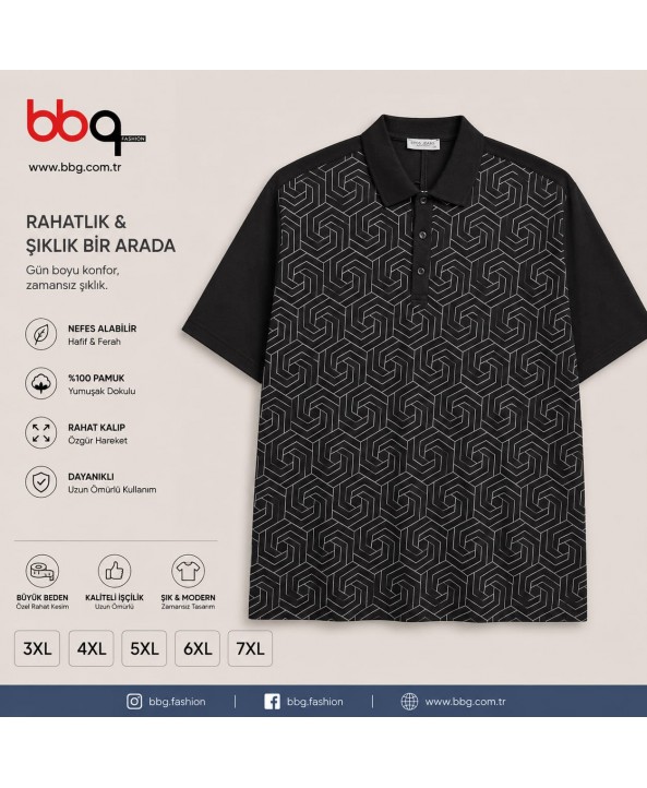 ERKEK BÜYÜK BEDEN GENİŞ KALIP POLO YAKA DESENLİ T-SHIRT-1