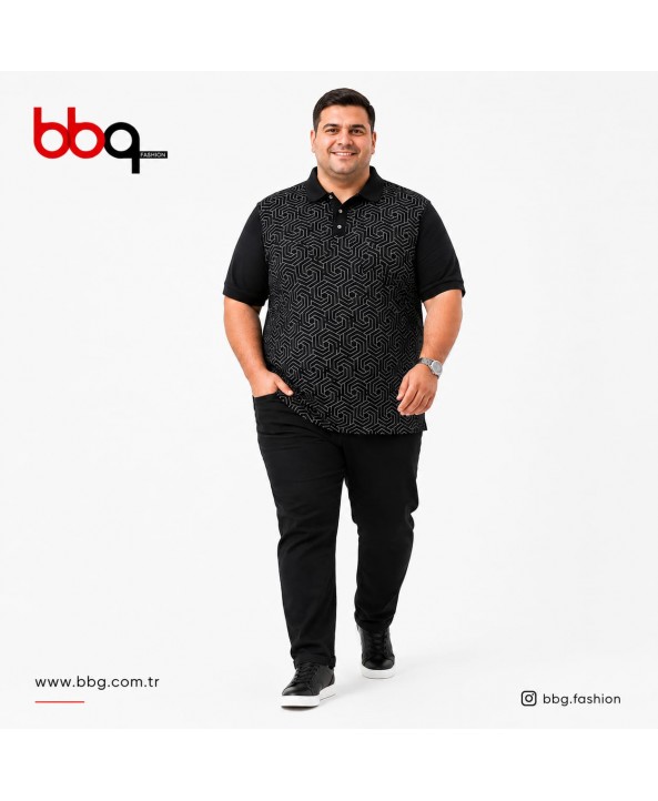 ERKEK BÜYÜK BEDEN GENİŞ KALIP POLO YAKA DESENLİ T-SHIRT-1