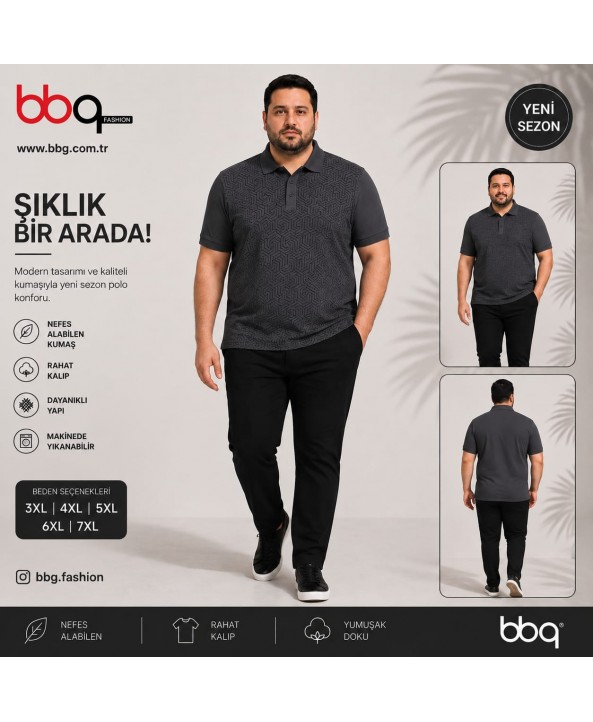 ERKEK BÜYÜK BEDEN GENİŞ KALIP POLO YAKA DESENLİ T-SHIRT-G