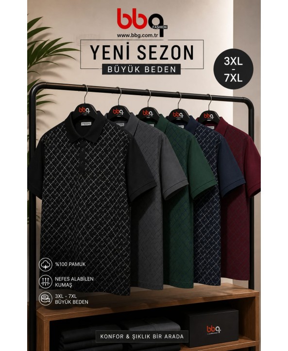 ERKEK BÜYÜK BEDEN GENİŞ KALIP POLO YAKA BORDO DESENLİ T-SHIRT-