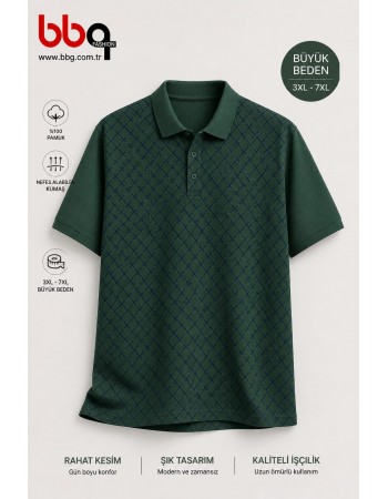 ERKEK BÜYÜK BEDEN GENİŞ KALIP POLO YAKA YEŞİL DESENLİ T-SHIRT-