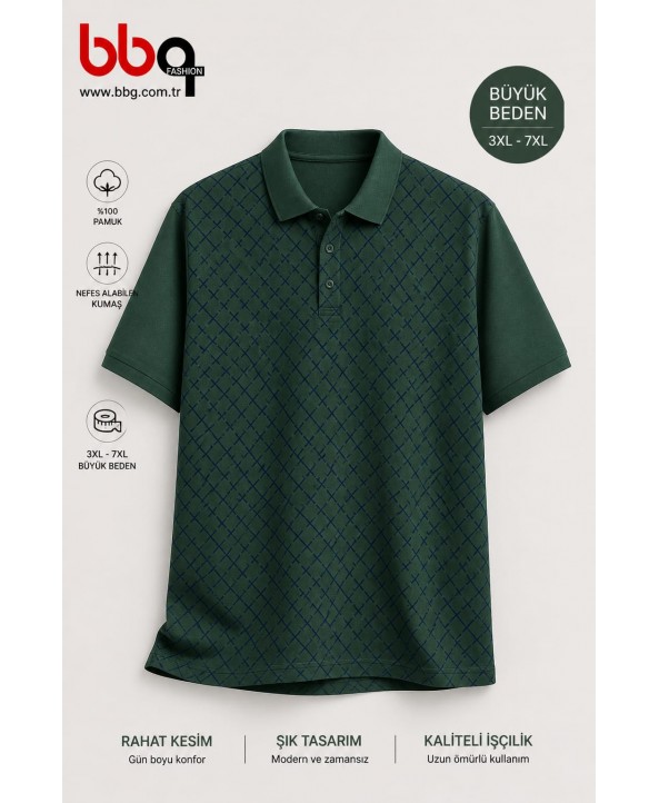 ERKEK BÜYÜK BEDEN GENİŞ KALIP POLO YAKA YEŞİL DESENLİ T-SHIRT-
