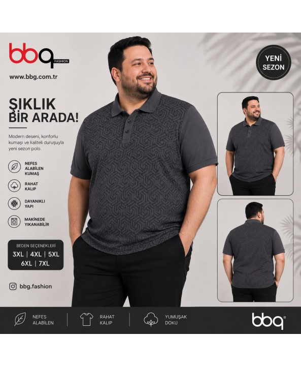 ERKEK BÜYÜK BEDEN GENİŞ KALIP POLO YAKA DESENLİ T-SHIRT-G