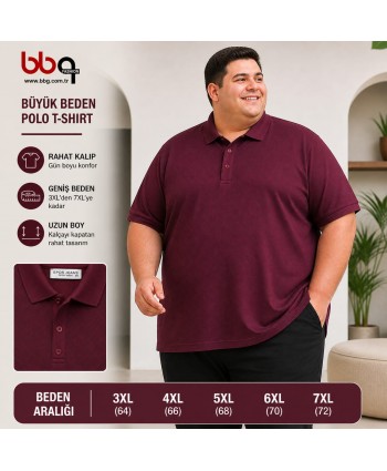 ERKEK BÜYÜK BEDEN GENİŞ KALIP POLO YAKA BORDO DESENLİ T-SHIRT-