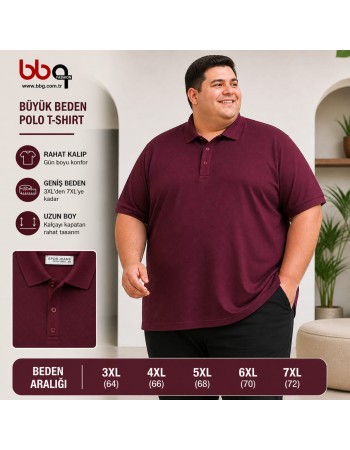 ERKEK BÜYÜK BEDEN GENİŞ KALIP POLO YAKA BORDO DESENLİ T-SHIRT-