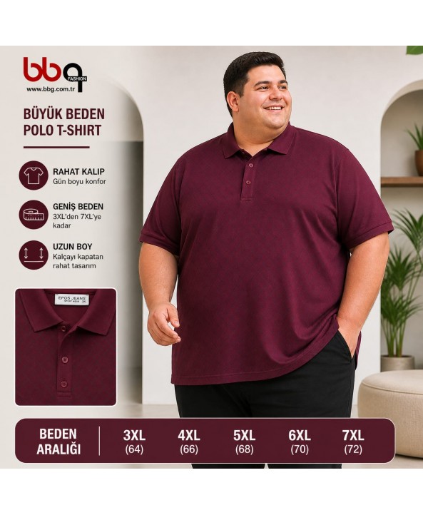 ERKEK BÜYÜK BEDEN GENİŞ KALIP POLO YAKA BORDO DESENLİ T-SHIRT-