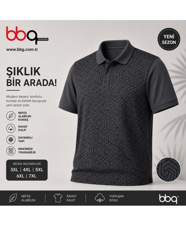 ERKEK BÜYÜK BEDEN GENİŞ KALIP POLO YAKA DESENLİ T-SHIRT-G