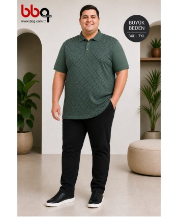 ERKEK BÜYÜK BEDEN GENİŞ KALIP POLO YAKA YEŞİL DESENLİ T-SHIRT-