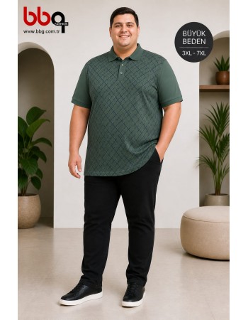 ERKEK BÜYÜK BEDEN GENİŞ KALIP POLO YAKA YEŞİL DESENLİ T-SHIRT-
