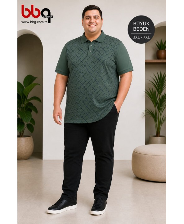 ERKEK BÜYÜK BEDEN GENİŞ KALIP POLO YAKA YEŞİL DESENLİ T-SHIRT-