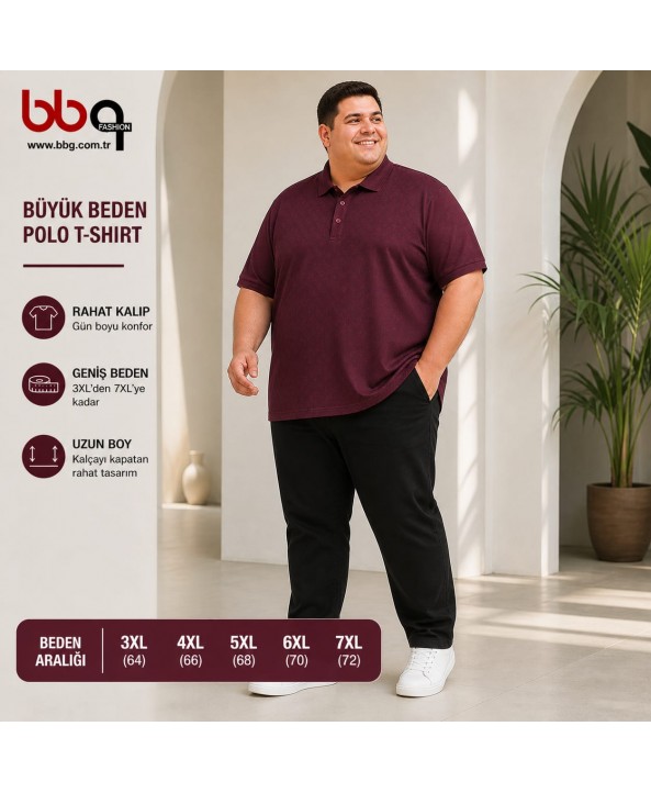 ERKEK BÜYÜK BEDEN GENİŞ KALIP POLO YAKA BORDO DESENLİ T-SHIRT-