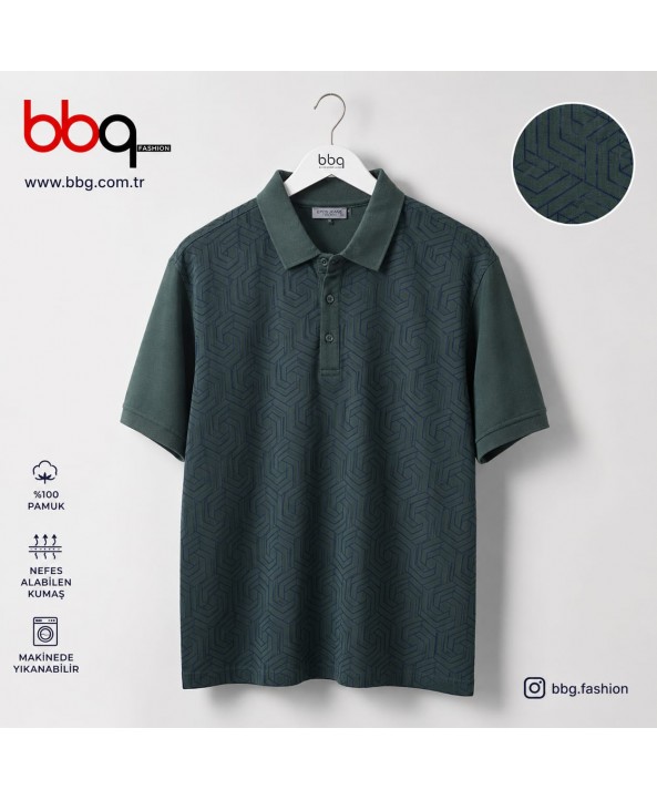 ERKEK BÜYÜK BEDEN GENİŞ KALIP POLO YAKA DESENLİ T-SHIRT-Y